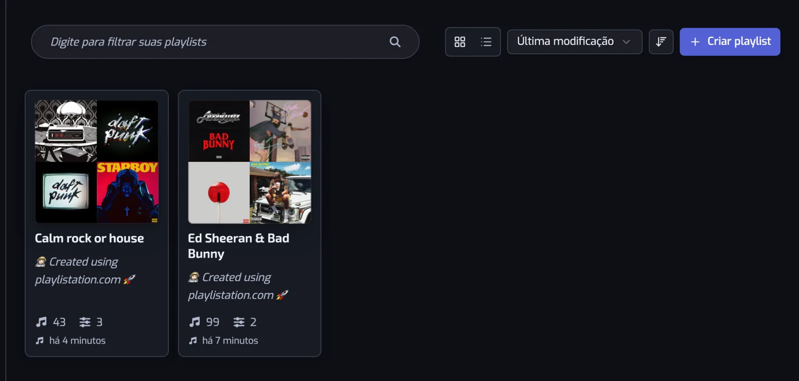 A página Playlists em visualização em grade com a caixa de busca, o alternador de visualização e os controles de ordenação