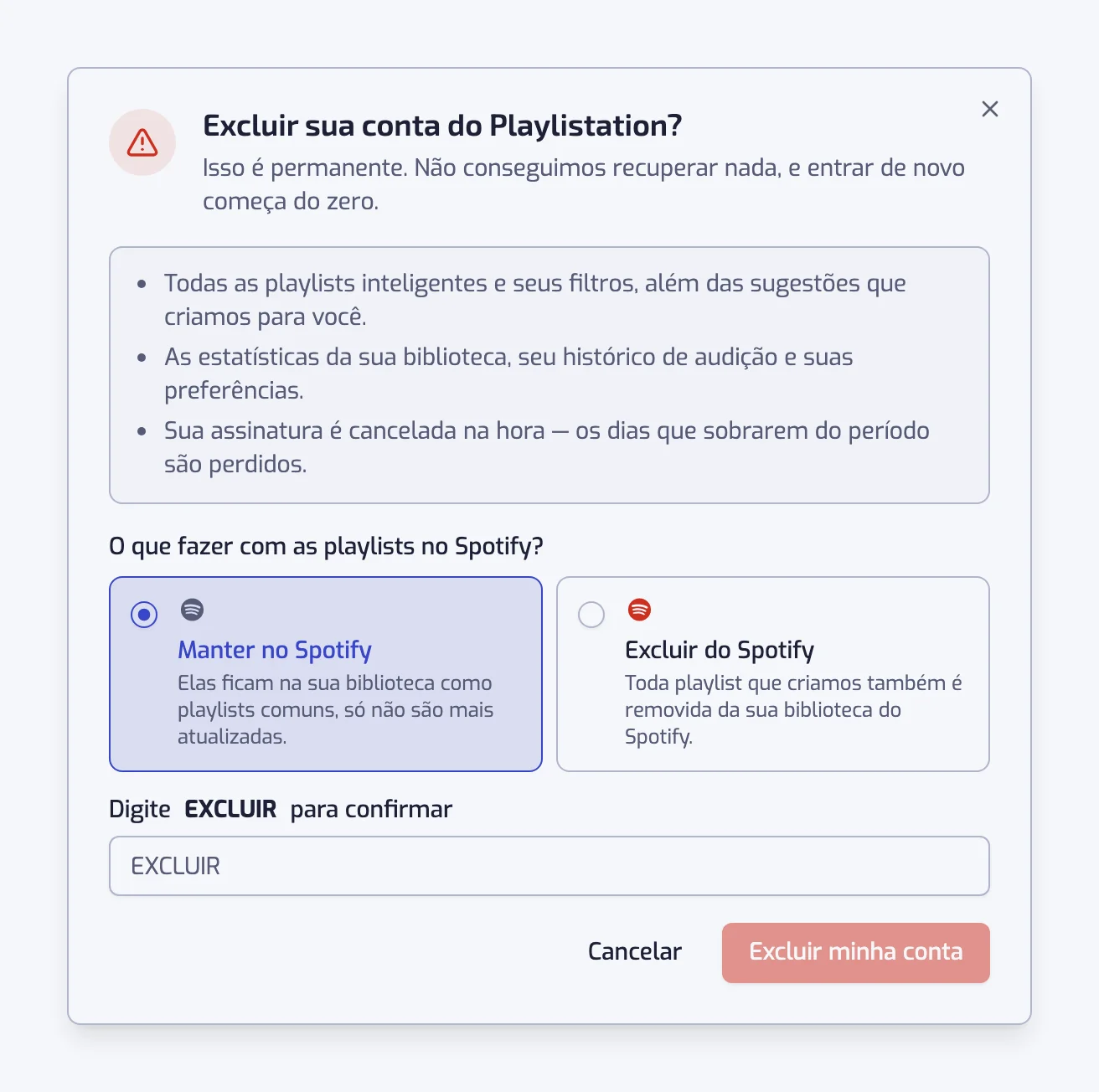 A janela de exclusão de conta com as opções Manter no Spotify e Excluir do Spotify e o campo de confirmação