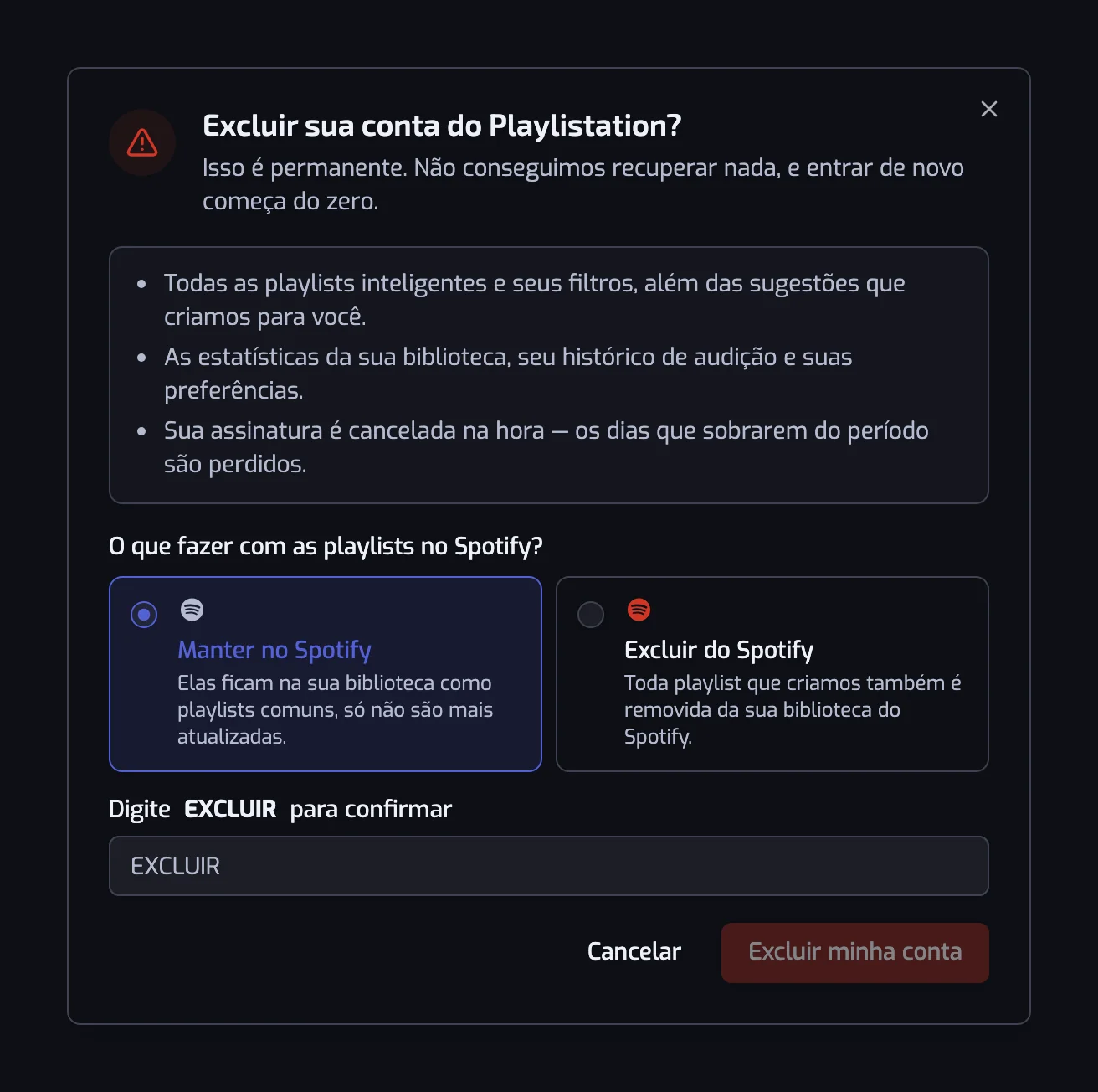 A janela de exclusão de conta com as opções Manter no Spotify e Excluir do Spotify e o campo de confirmação