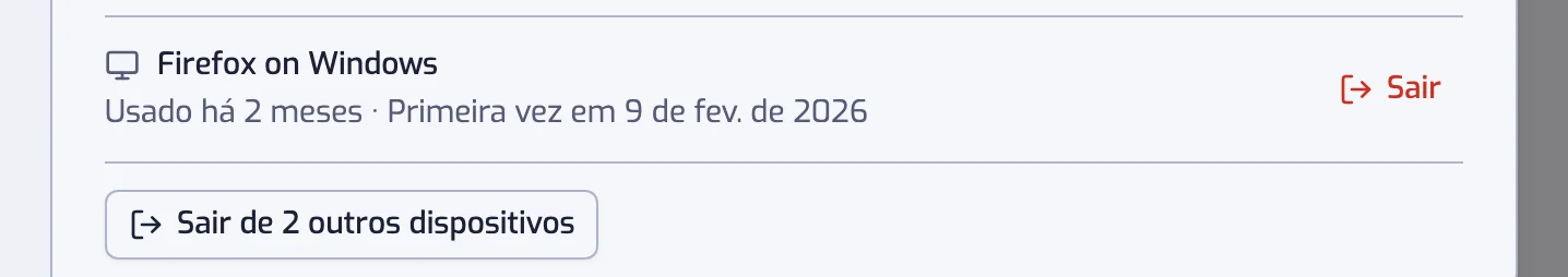 A lista de Dispositivos com o botão Sair na linha de outro dispositivo e o botão Sair de 1 outro dispositivo embaixo da lista