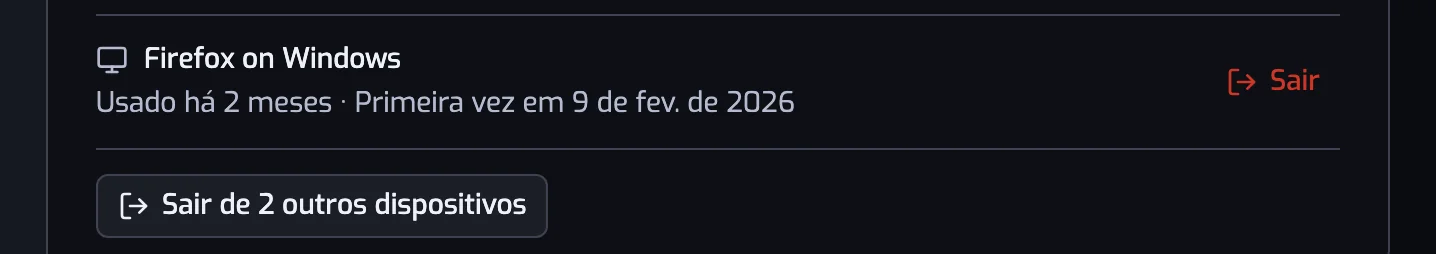 A lista de Dispositivos com o botão Sair na linha de outro dispositivo e o botão Sair de 1 outro dispositivo embaixo da lista
