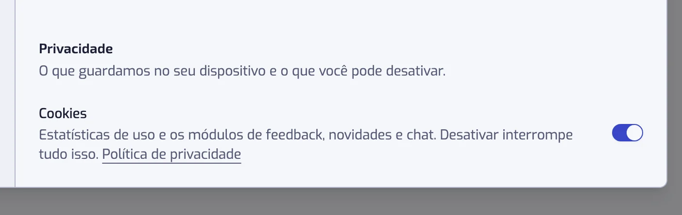 O título Privacidade da seção Exibição das configurações, com a chave Cookies