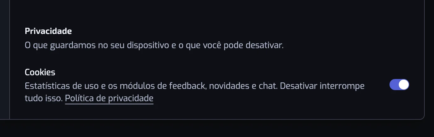 O título Privacidade da seção Exibição das configurações, com a chave Cookies