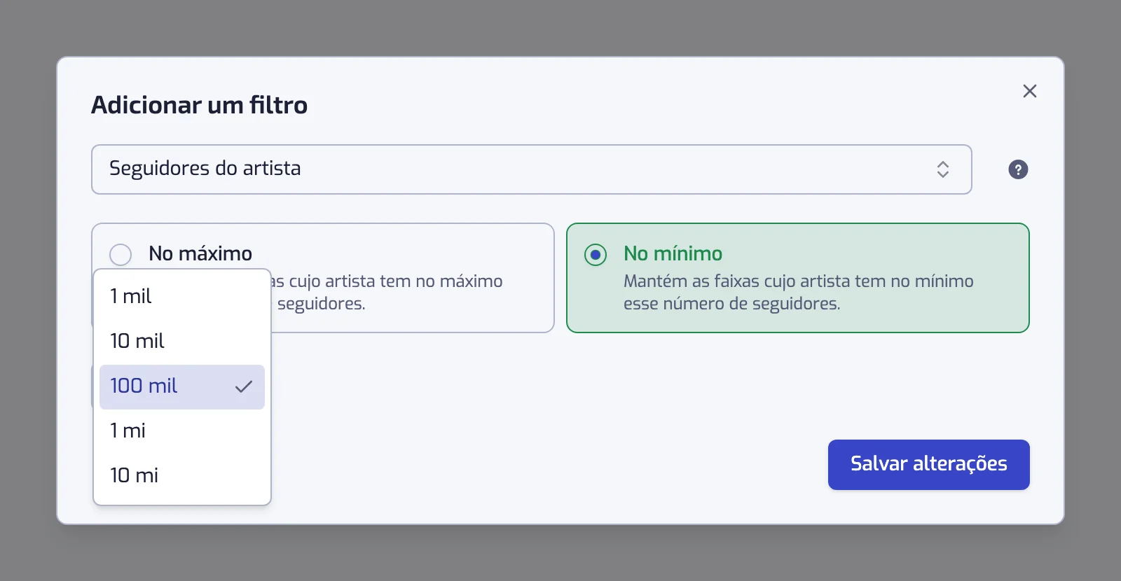 A janela do filtro Seguidores do artista com os cartões No mínimo e No máximo e a lista de números de seguidores aberta
