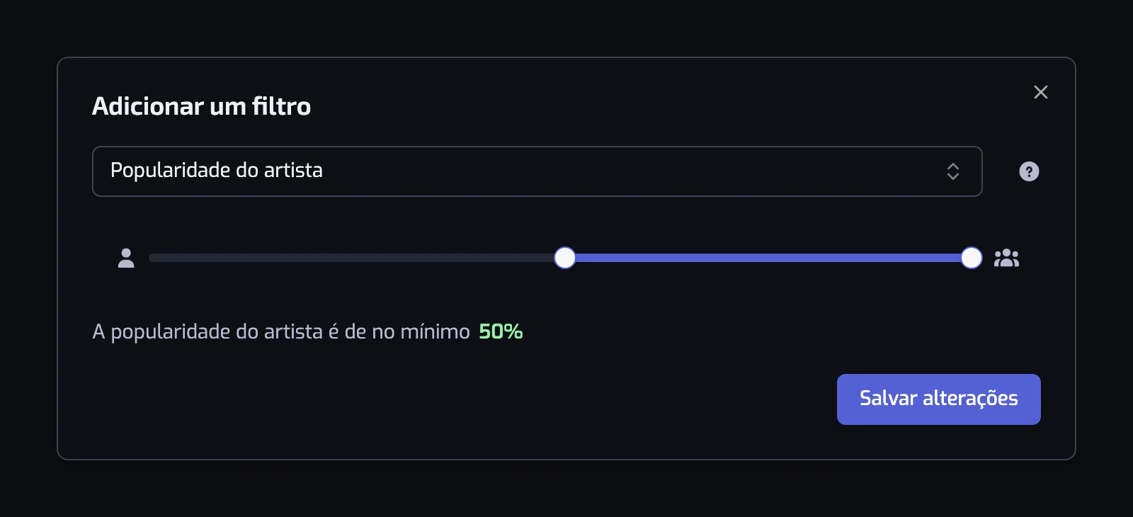 A janela do filtro Popularidade do artista com o controle deslizante de duas alças em 50 e 100