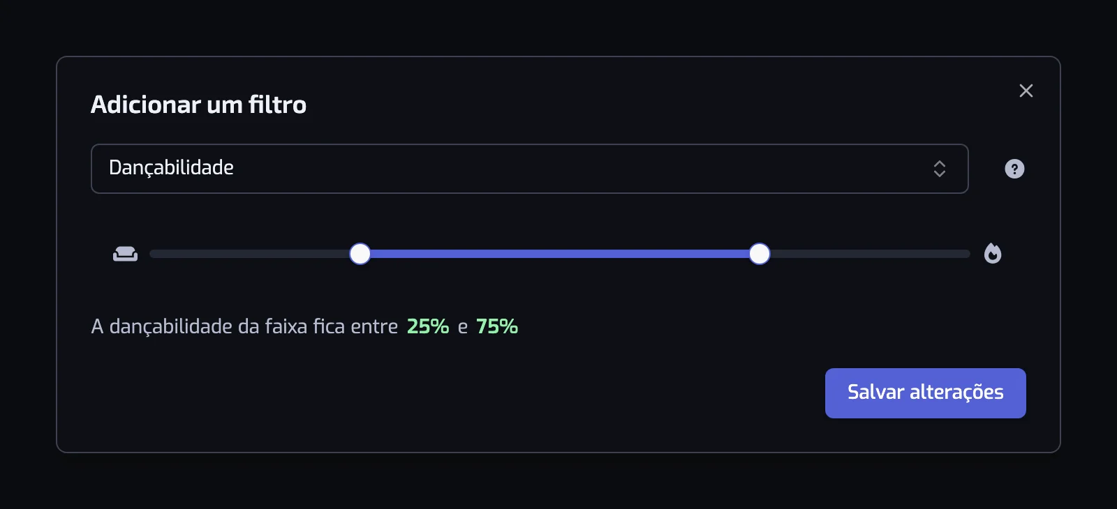 A janela do filtro Dançabilidade com o controle deslizante de duas alças