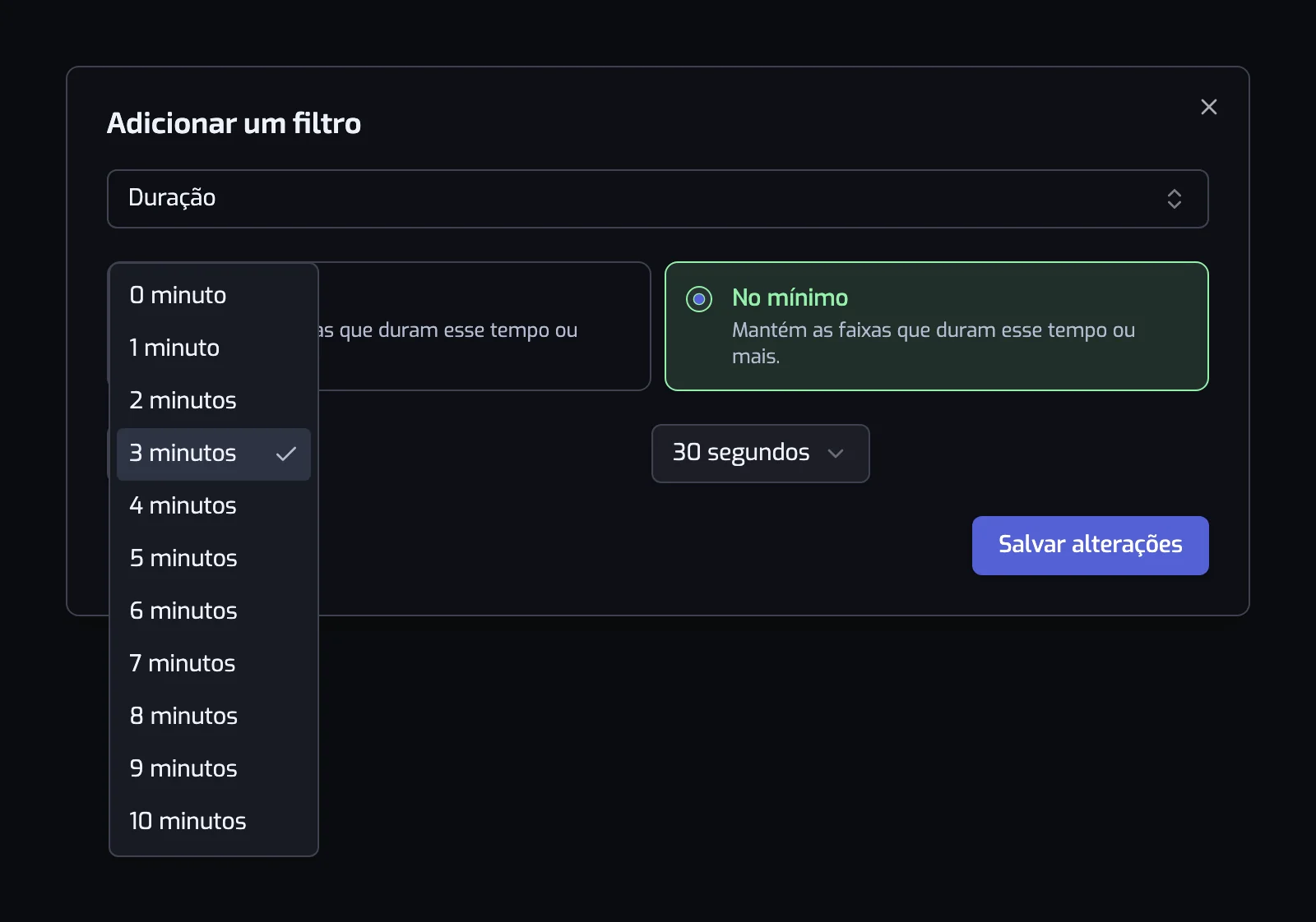 A janela do filtro Duração com os cartões No mínimo e No máximo, a lista de minutos aberta ao lado do controle de segundos