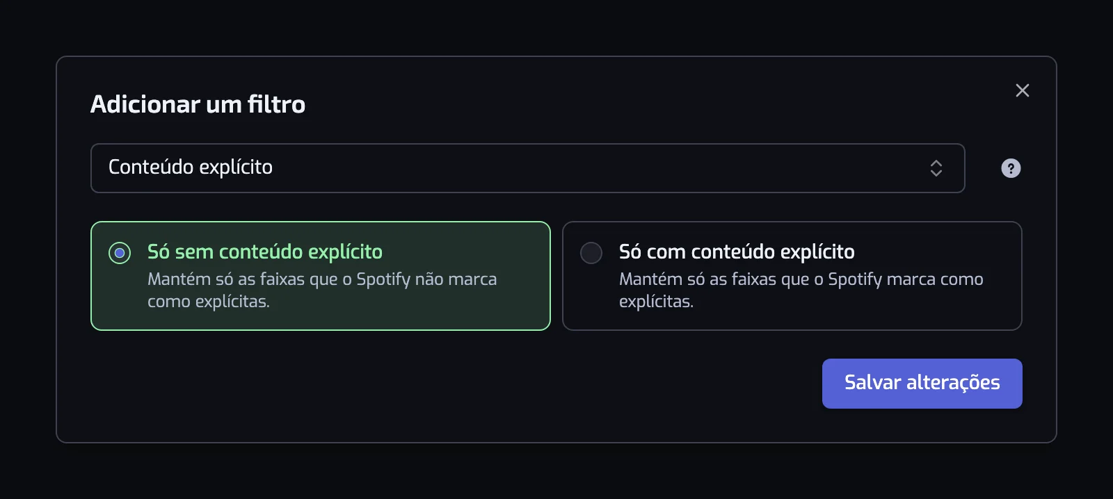 A janela do filtro Conteúdo explícito com os cartões Só sem conteúdo explícito e Só com conteúdo explícito