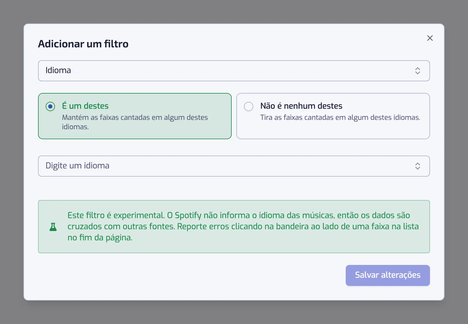 A janela do filtro Idioma com os dois cartões de operador, o seletor de idiomas e o aviso de recurso experimental