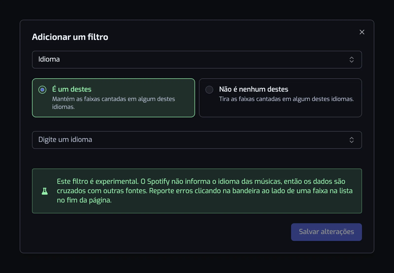 A janela do filtro Idioma com os dois cartões de operador, o seletor de idiomas e o aviso de recurso experimental