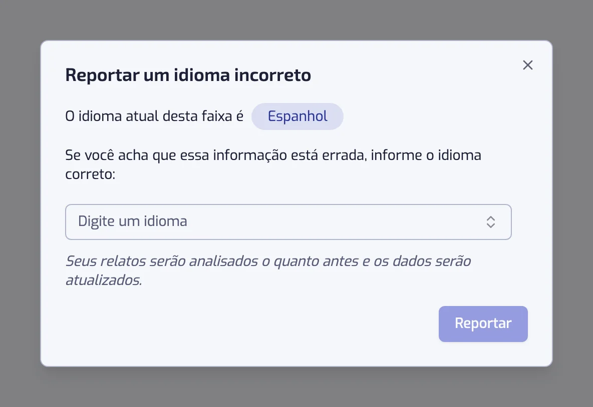 A janela Reportar um idioma incorreto, com o idioma atual e um seletor para o correto