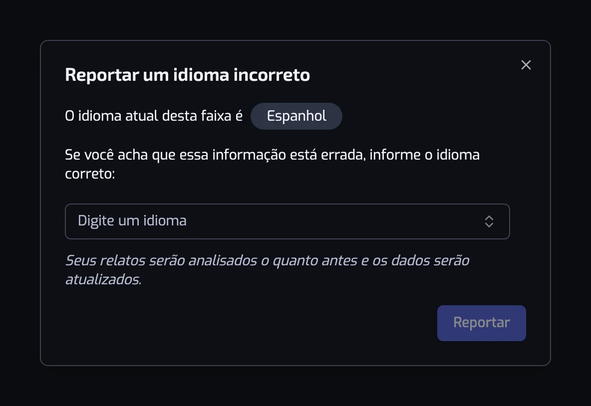 A janela Reportar um idioma incorreto, com o idioma atual e um seletor para o correto