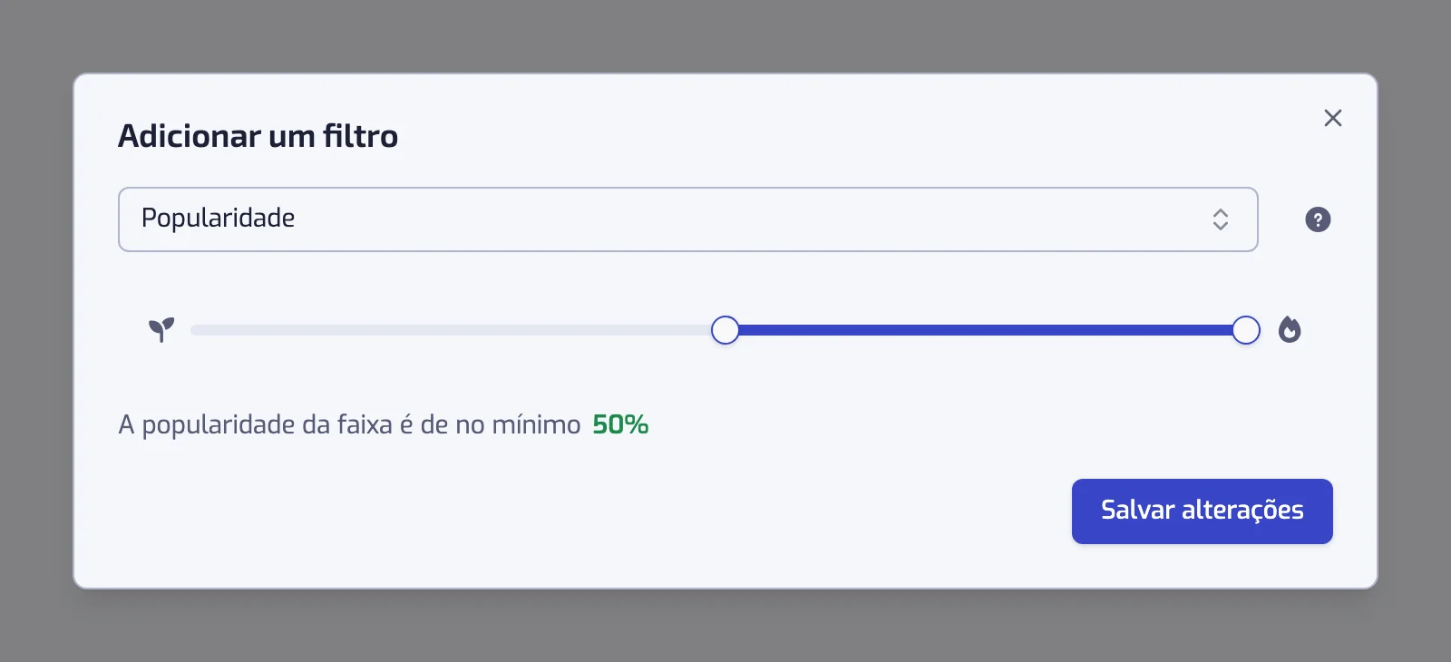 A janela do filtro Popularidade com o controle deslizante de duas alças e a frase abaixo dele