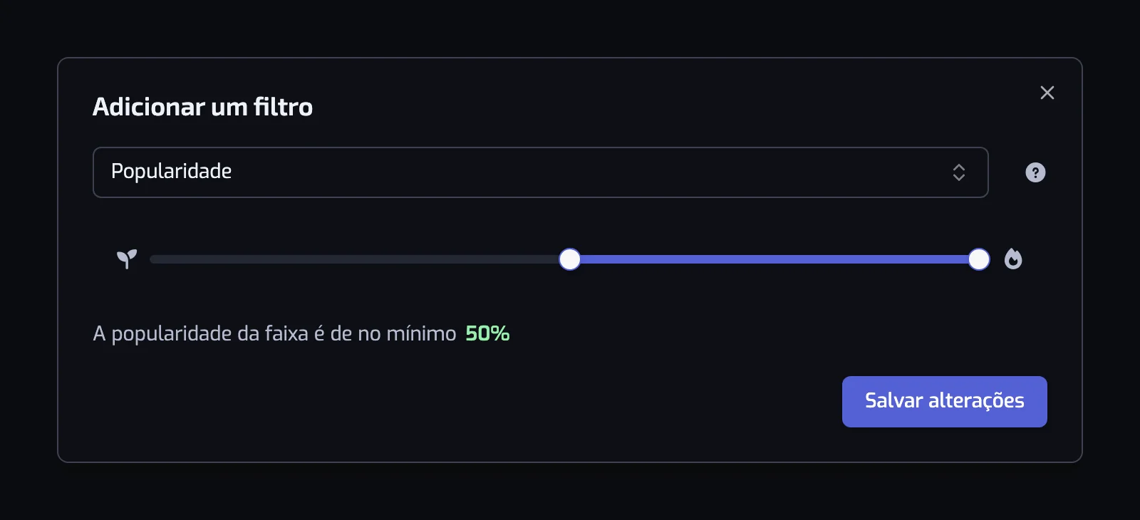 A janela do filtro Popularidade com o controle deslizante de duas alças e a frase abaixo dele