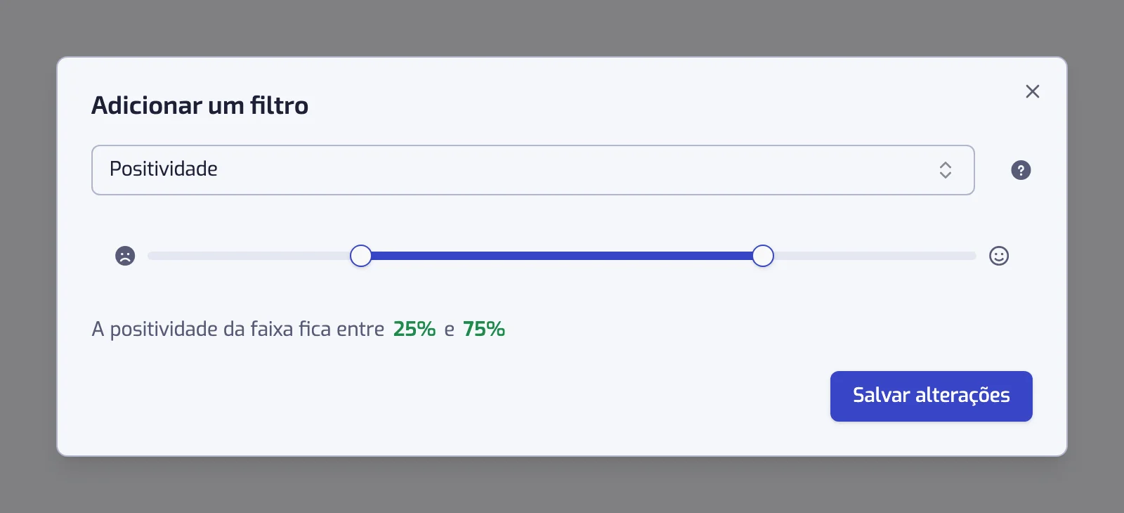 A janela do filtro Positividade com o controle deslizante de duas alças
