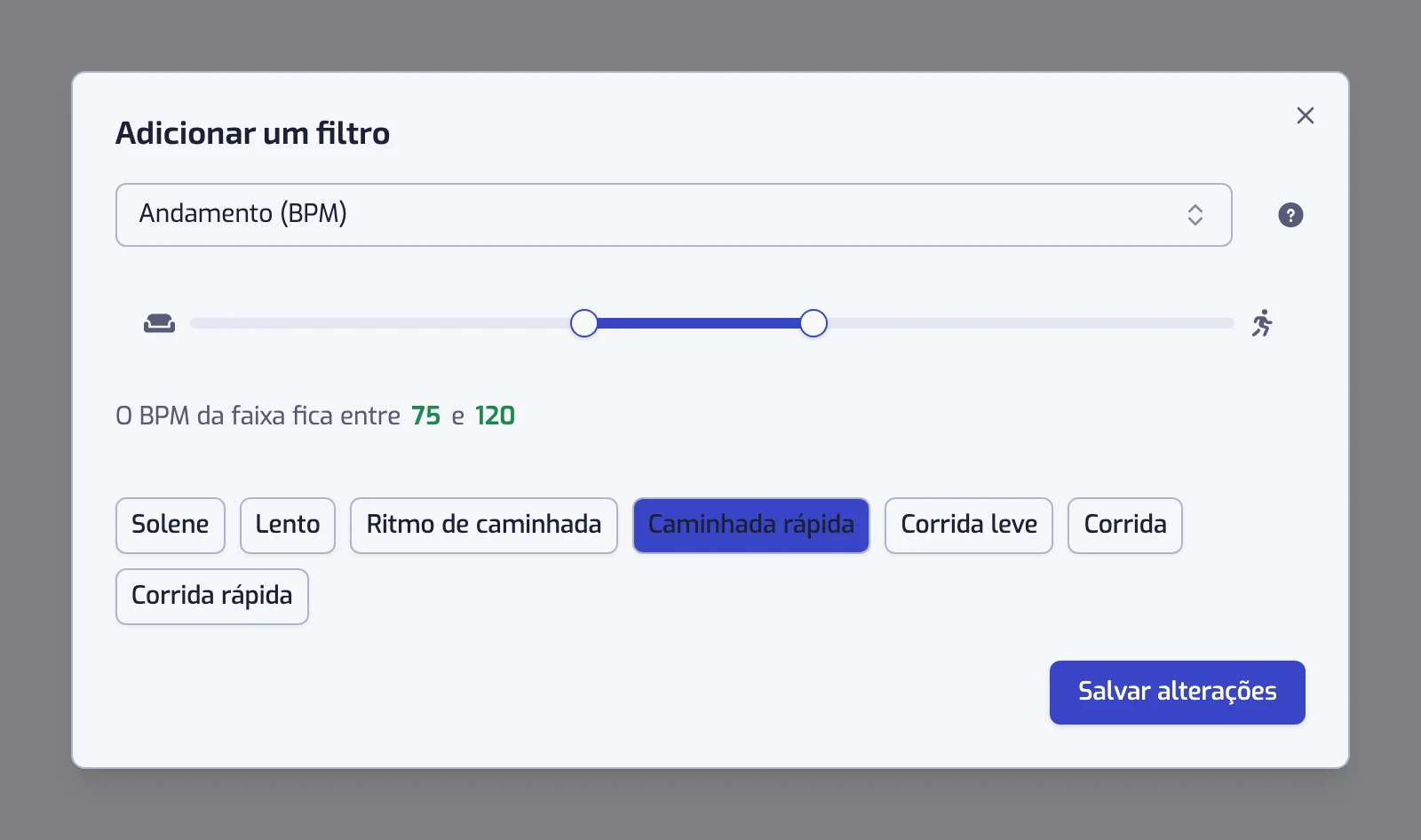 A janela do filtro Andamento com o controle deslizante e os sete botões de predefinição, de Solene a Corrida rápida