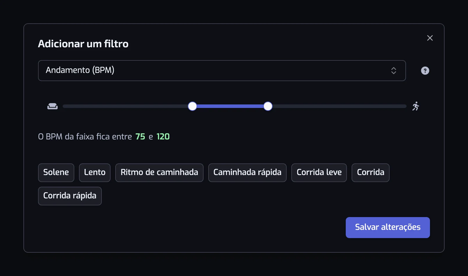 A janela do filtro Andamento com o controle deslizante e os sete botões de predefinição, de Solene a Corrida rápida