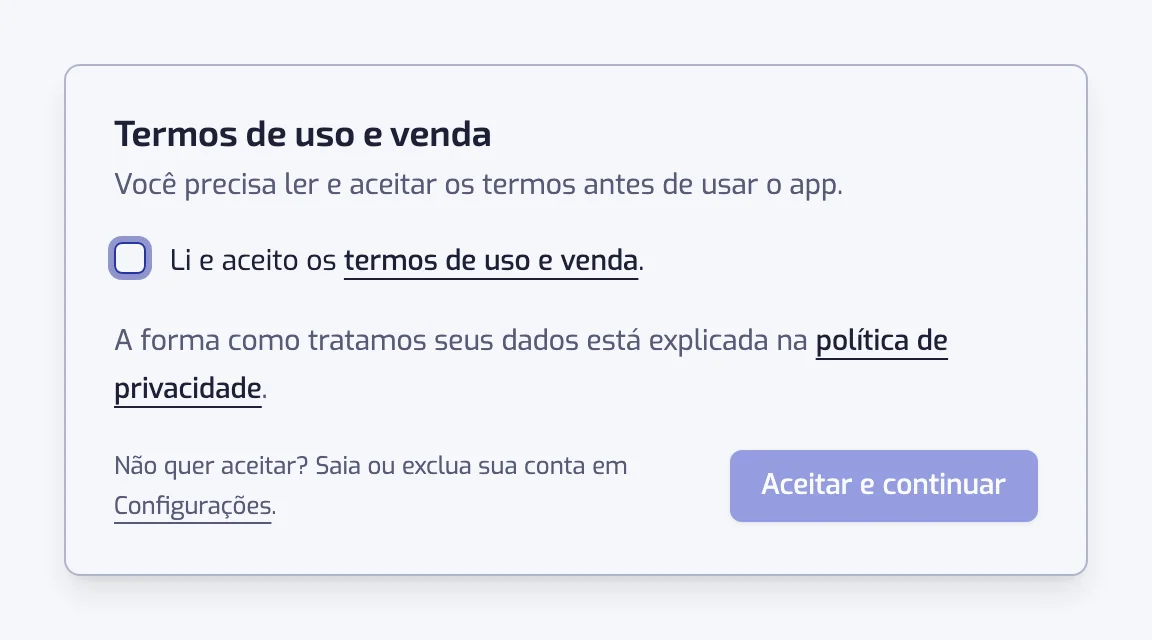 A caixa de diálogo Termos de uso e venda com a caixa de aceite, o link para a política de privacidade e o botão Aceitar e continuar