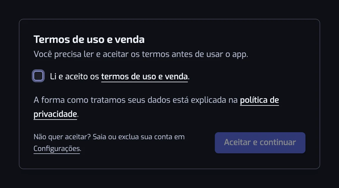 A caixa de diálogo Termos de uso e venda com a caixa de aceite, o link para a política de privacidade e o botão Aceitar e continuar