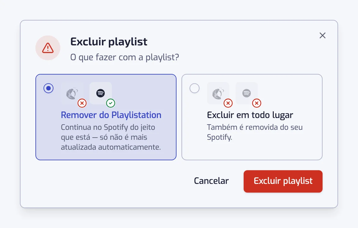 A janela Excluir playlist com as duas opções, Remover do Playlistation e Excluir em todo lugar
