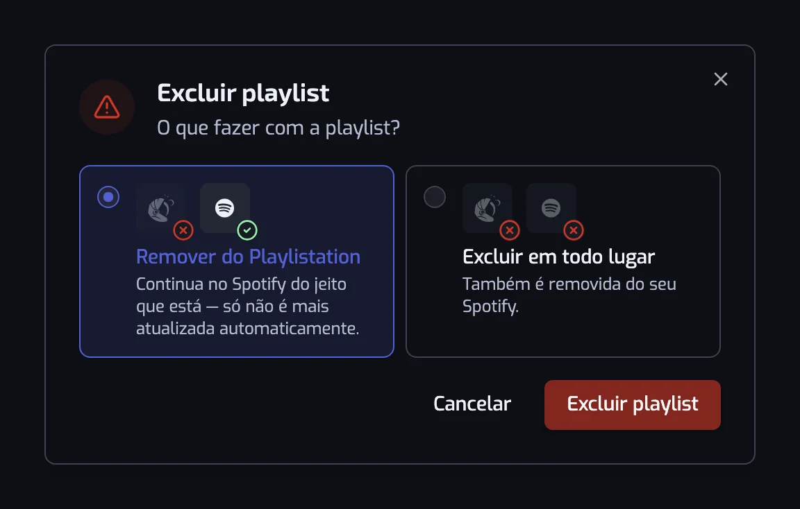 A janela Excluir playlist com as duas opções, Remover do Playlistation e Excluir em todo lugar