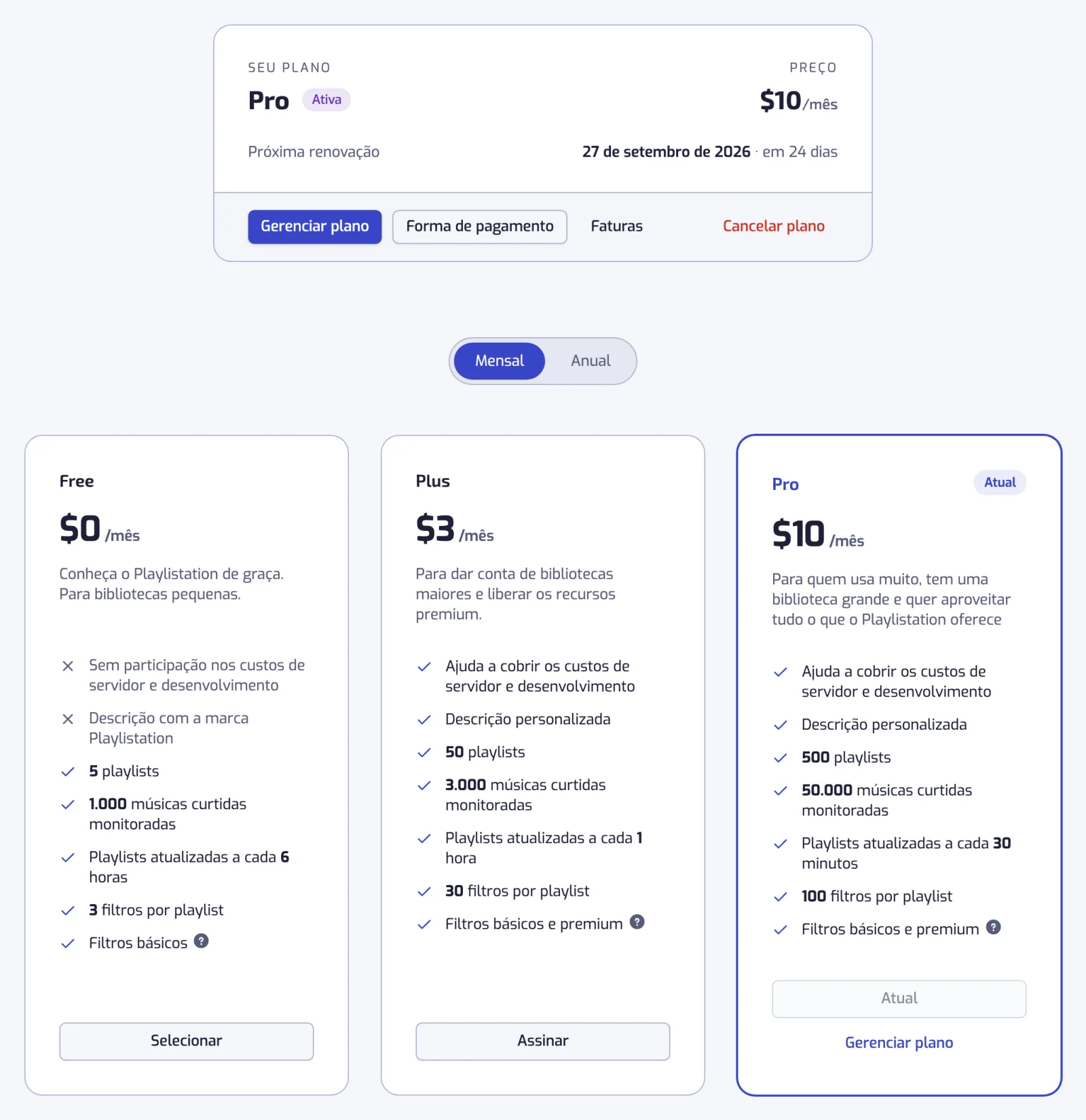 A página Assinatura com o alternador Mensal e Anual e os cartões Free, Plus e Pro