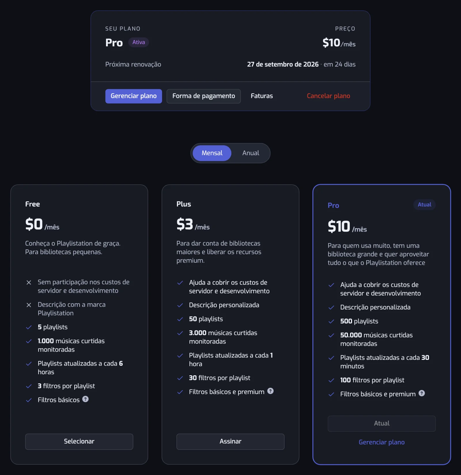 A página Assinatura com o alternador Mensal e Anual e os cartões Free, Plus e Pro