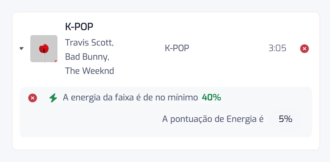 Uma faixa removida expandida dentro de uma entrada do histórico, com o filtro Energia que ela não passou e o valor de energia da faixa