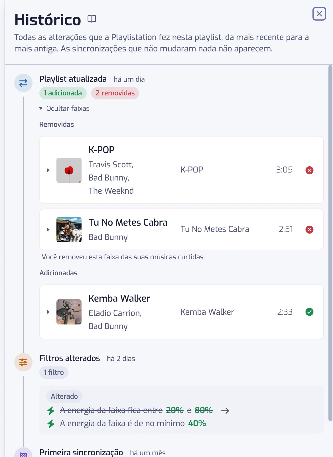 O painel do histórico com várias entradas: uma atualização com faixas adicionadas e removidas, uma alteração de filtros e a primeira sincronização