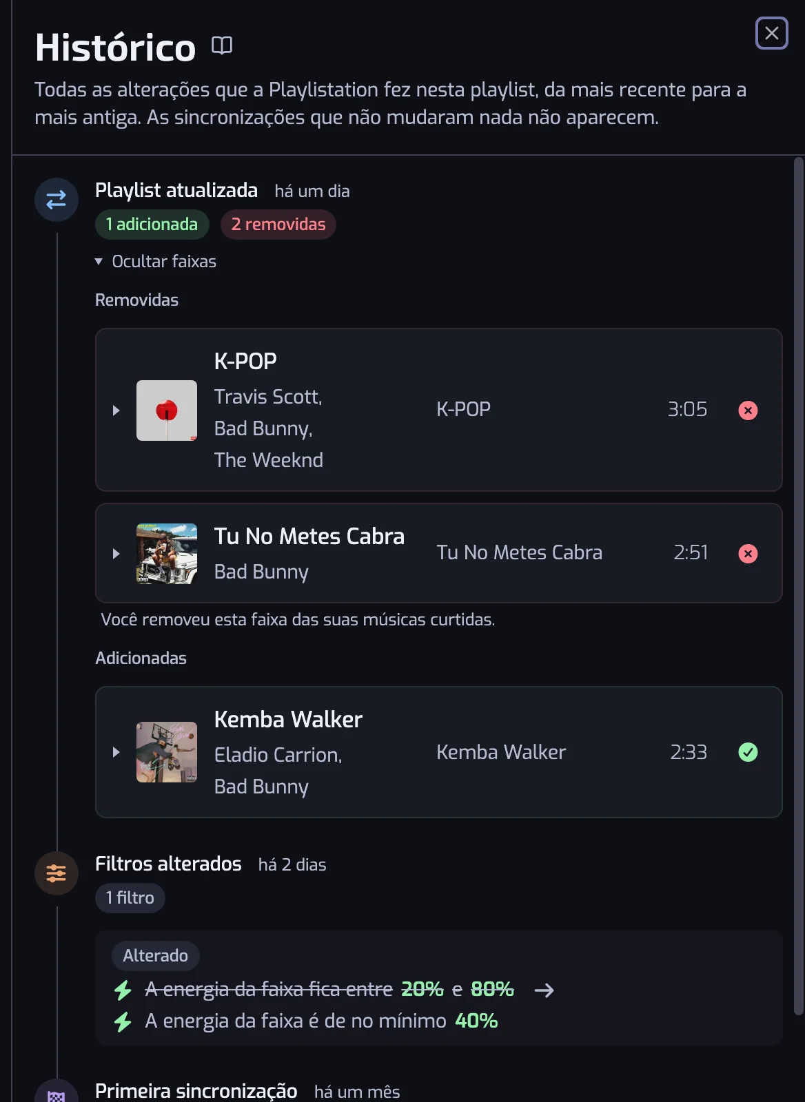 O painel do histórico com várias entradas: uma atualização com faixas adicionadas e removidas, uma alteração de filtros e a primeira sincronização