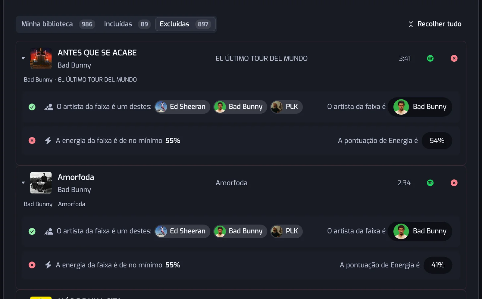 A aba Excluídas com Recolher tudo ativado: cada linha de faixa mostra seus filtros, uma marca verde no filtro de artista e um X vermelho no filtro de energia, com a pontuação de Energia da faixa