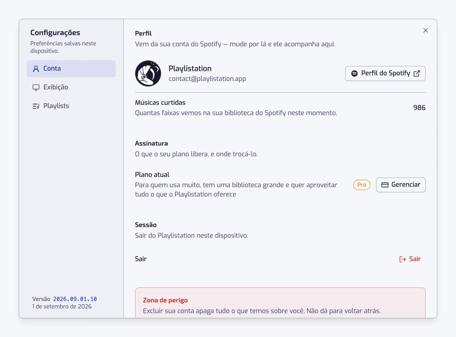 A janela de configurações aberta na seção Conta, com as seções Conta, Exibição e Playlists listadas à esquerda