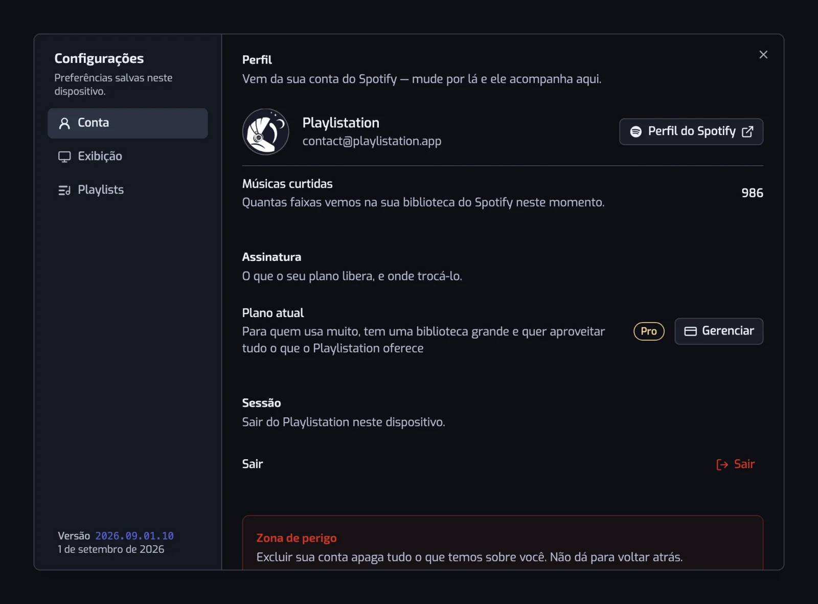 A janela de configurações aberta na seção Conta, com as seções Conta, Exibição e Playlists listadas à esquerda