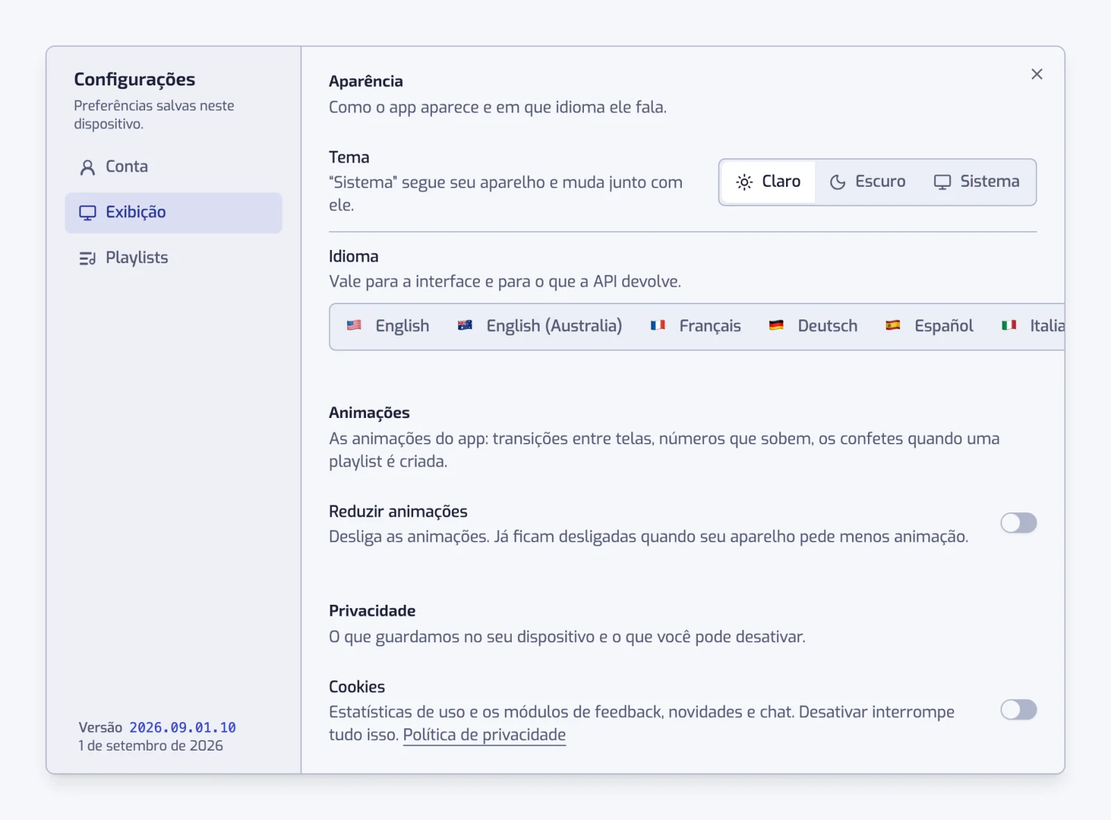 A seção Exibição com os controles segmentados de Tema e Idioma, a chave Reduzir animações e a chave Cookies sob Privacidade