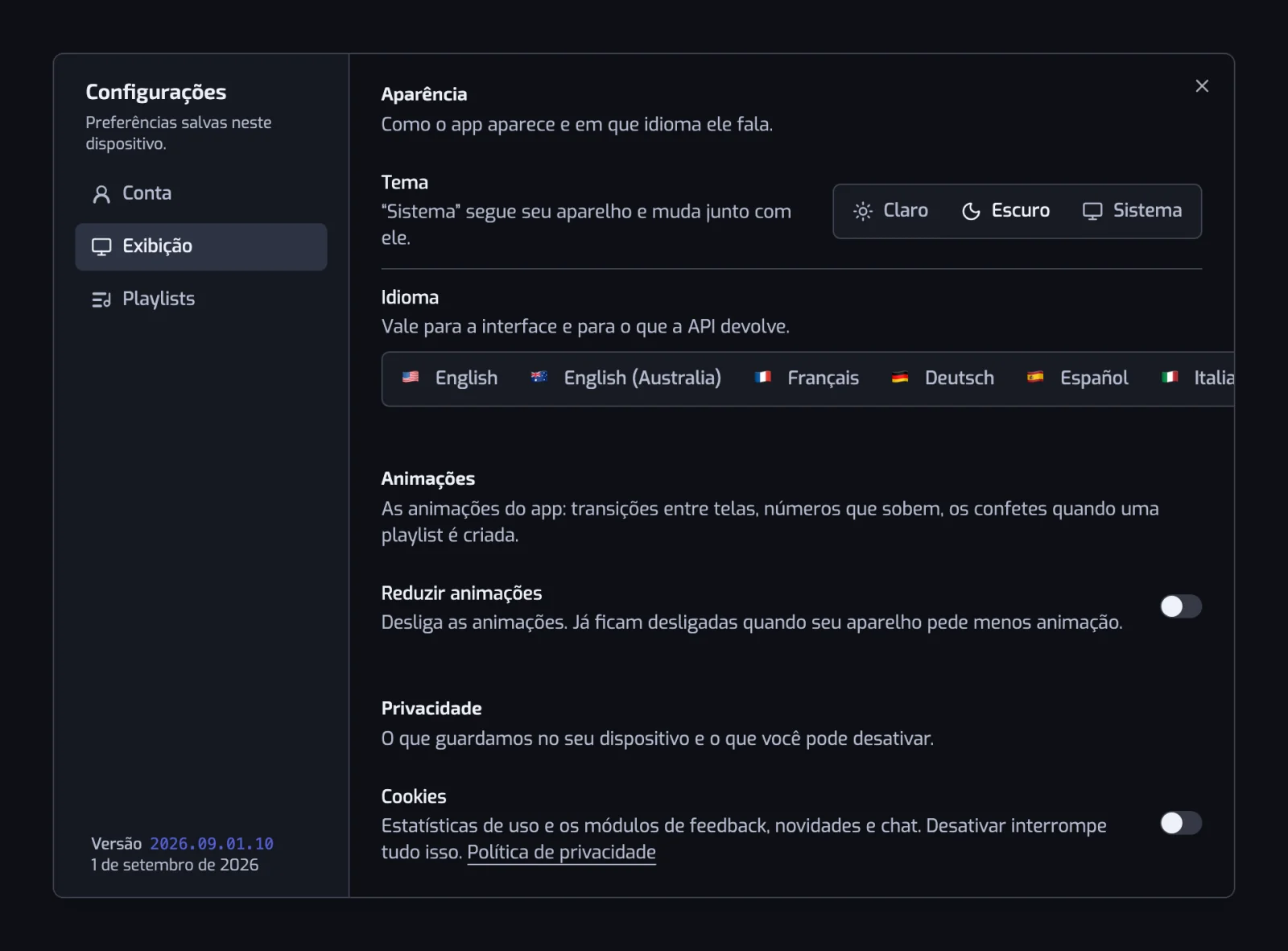 A seção Exibição com os controles segmentados de Tema e Idioma, a chave Reduzir animações e a chave Cookies sob Privacidade