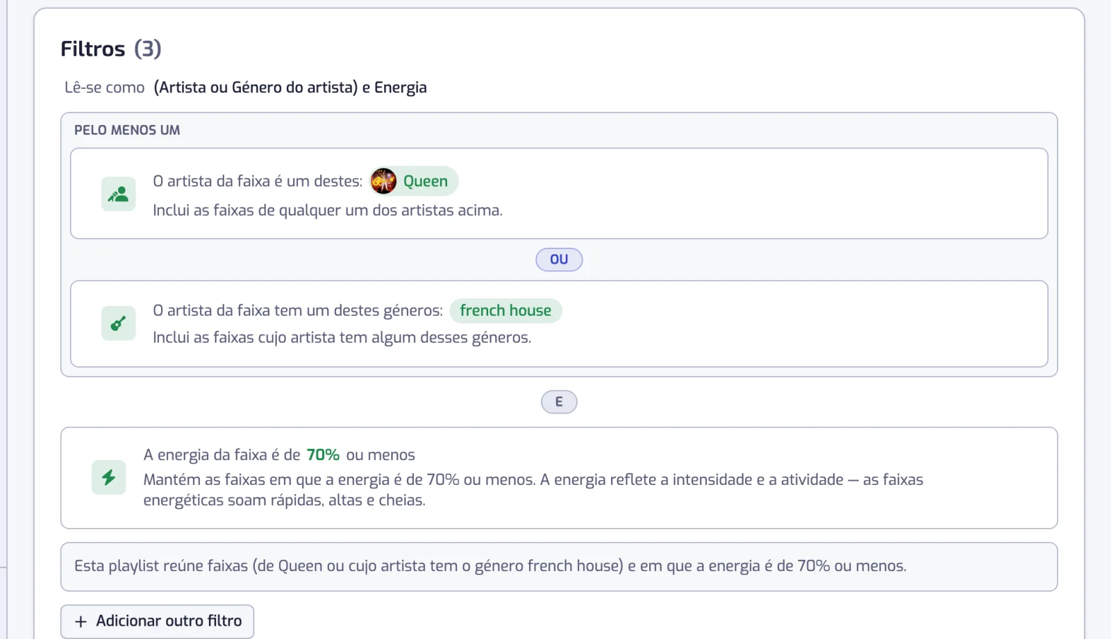Uma lista de filtros com um botão E entre duas linhas e uma caixa Pelo menos um a agrupar dois filtros ligados por OU