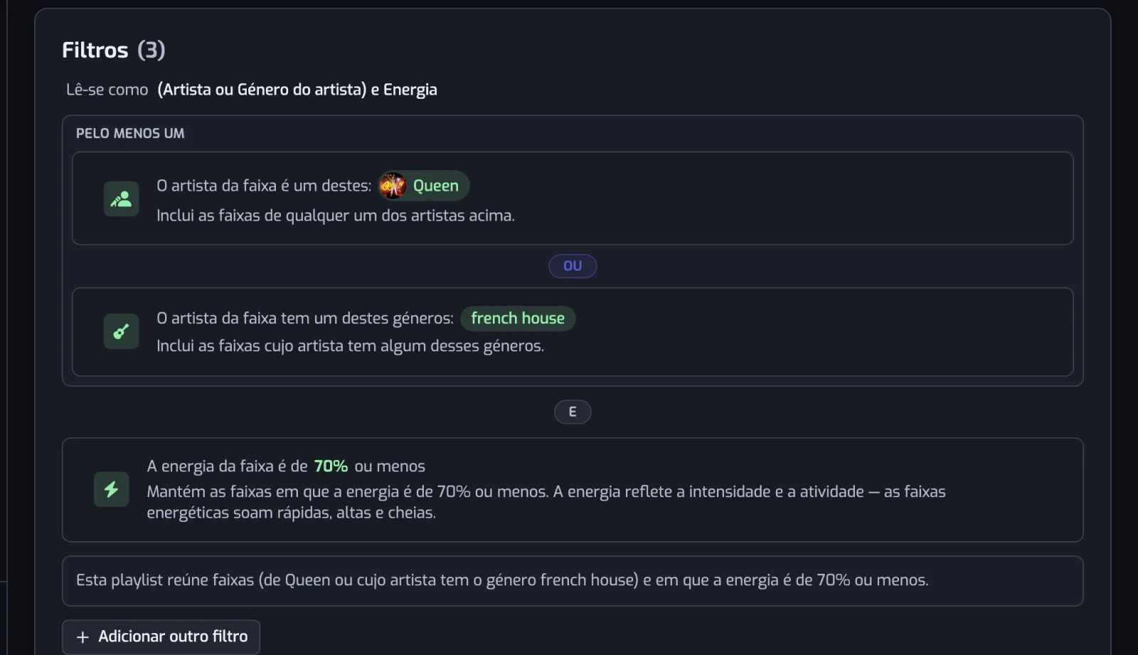 Uma lista de filtros com um botão E entre duas linhas e uma caixa Pelo menos um a agrupar dois filtros ligados por OU