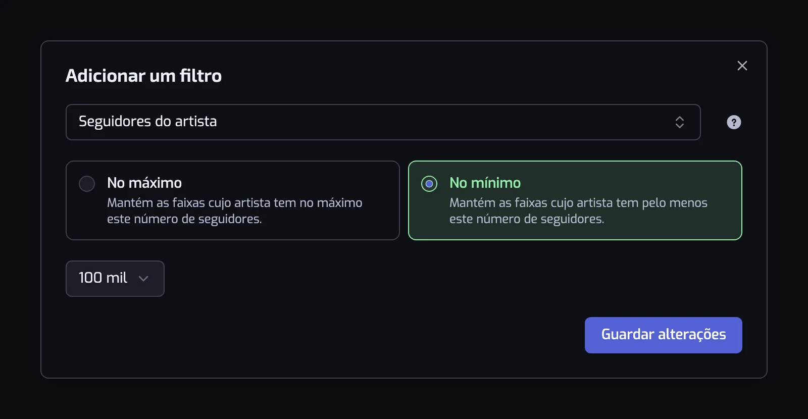 A janela Adicionar um filtro com a caixa do tipo de filtro, os cartões de operador e o controlo de valor