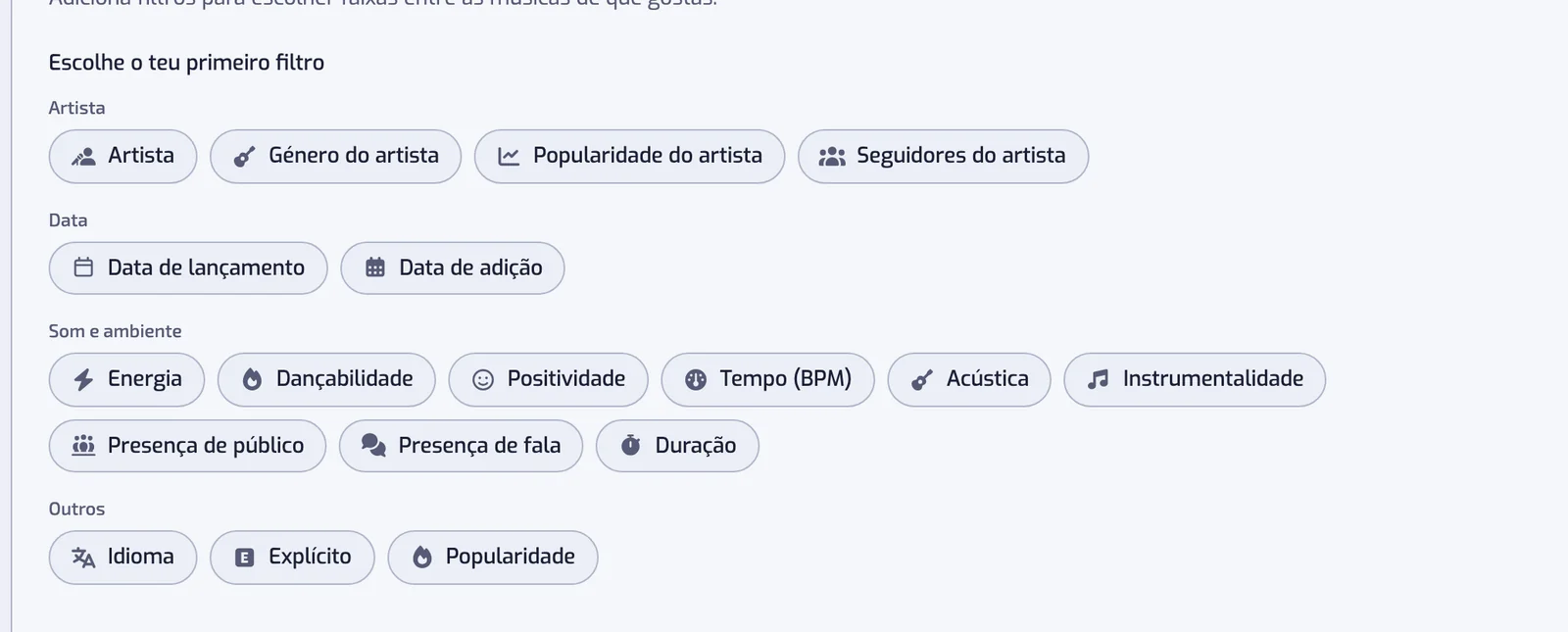 A página Nova playlist com os tipos de filtro como botões, agrupados em Artista, Data, Som e ambiente e Outros