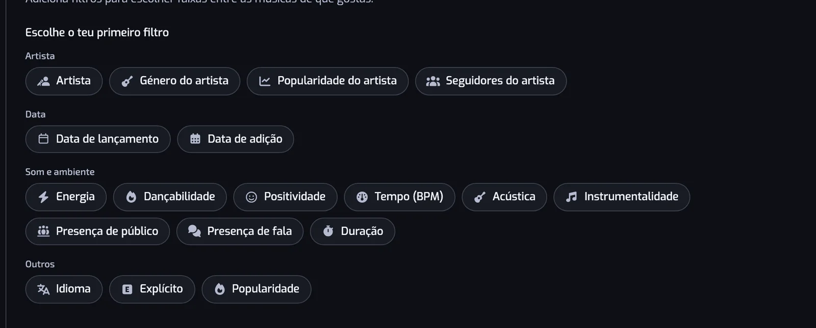 A página Nova playlist com os tipos de filtro como botões, agrupados em Artista, Data, Som e ambiente e Outros