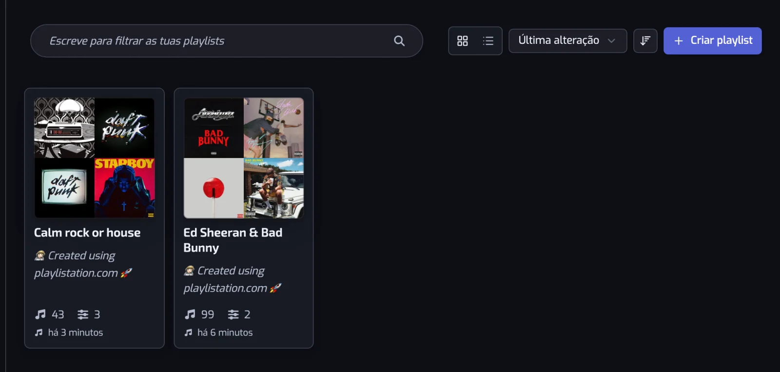 A página Playlists em vista de grelha com a caixa de pesquisa, o seletor de vista e os controlos de ordenação