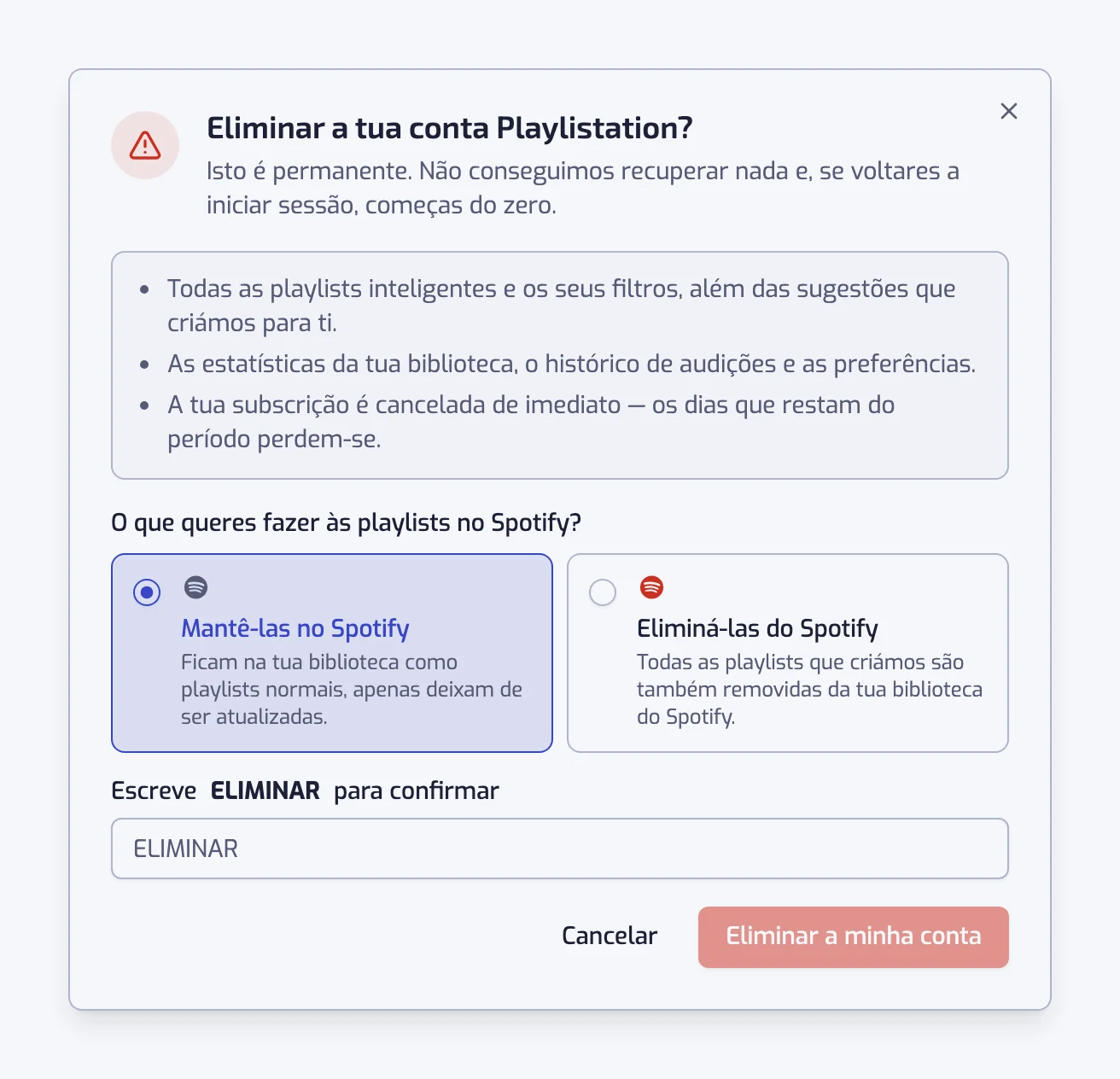 A janela de eliminação da conta com as opções Mantê-las no Spotify e Eliminá-las do Spotify e o campo de confirmação