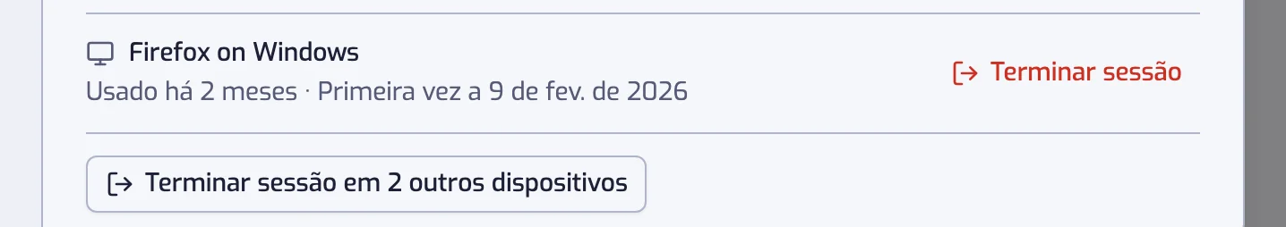 A lista de Dispositivos com o botão Terminar sessão na linha de outro dispositivo e o botão Terminar sessão em 1 outro dispositivo por baixo da lista