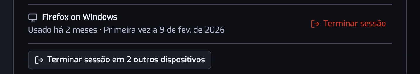 A lista de Dispositivos com o botão Terminar sessão na linha de outro dispositivo e o botão Terminar sessão em 1 outro dispositivo por baixo da lista
