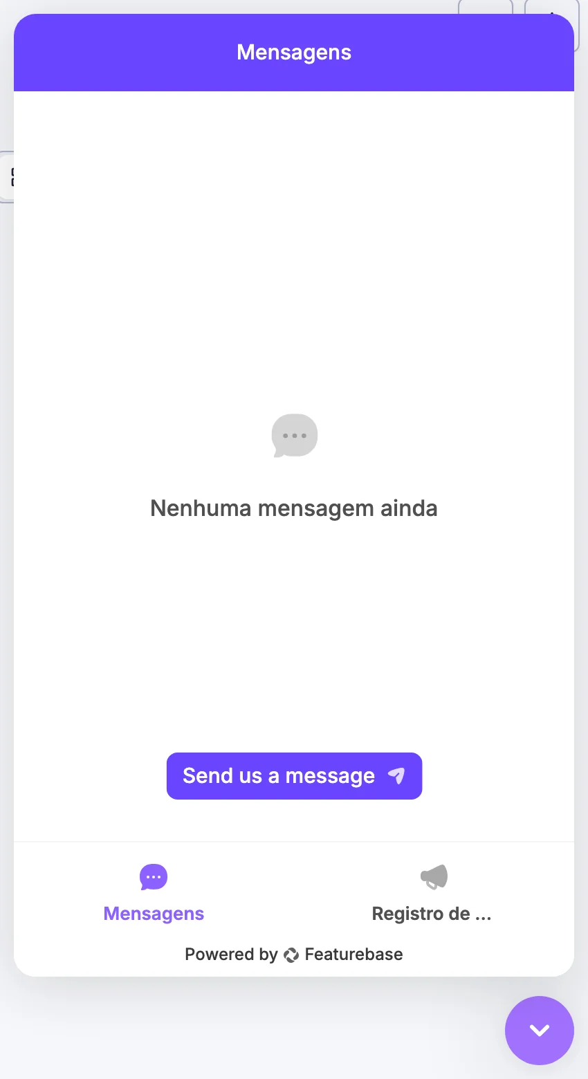 O balão de conversa no canto inferior da app, com o painel da conversa aberto
