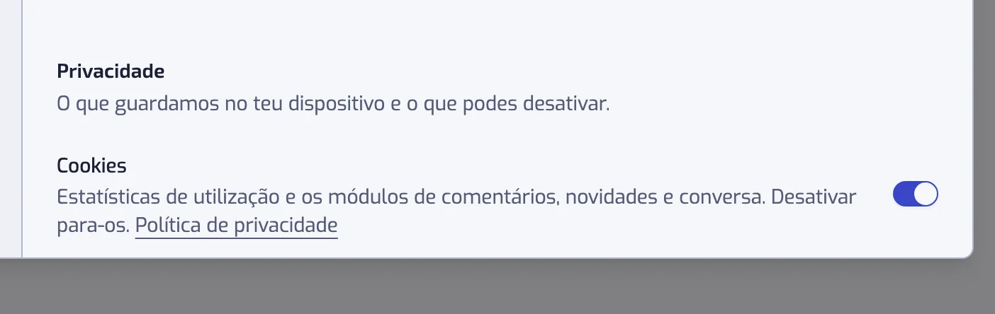 O título Privacidade da secção Visualização das definições, com o interruptor Cookies