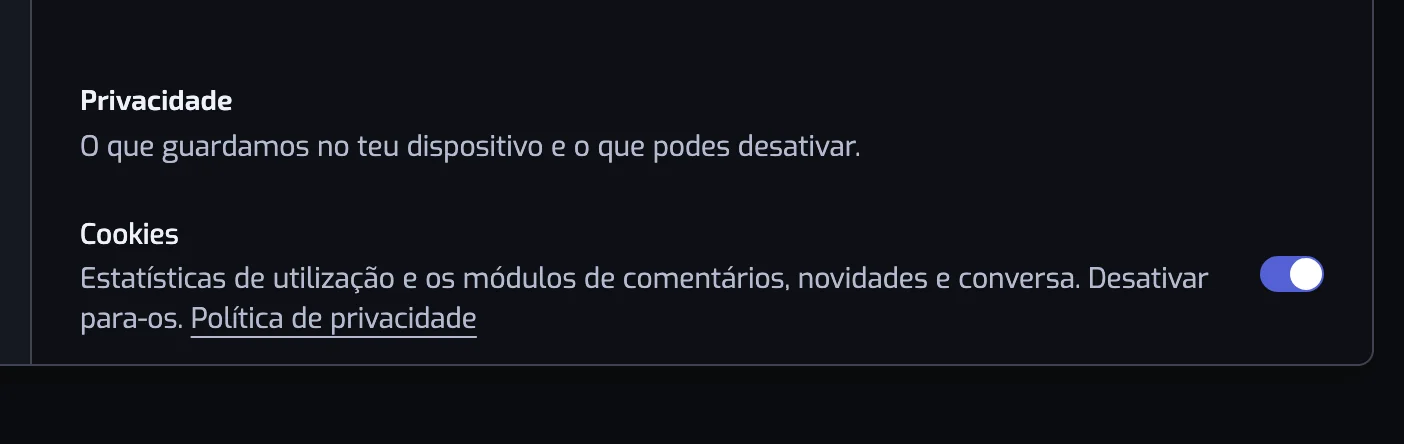 O título Privacidade da secção Visualização das definições, com o interruptor Cookies