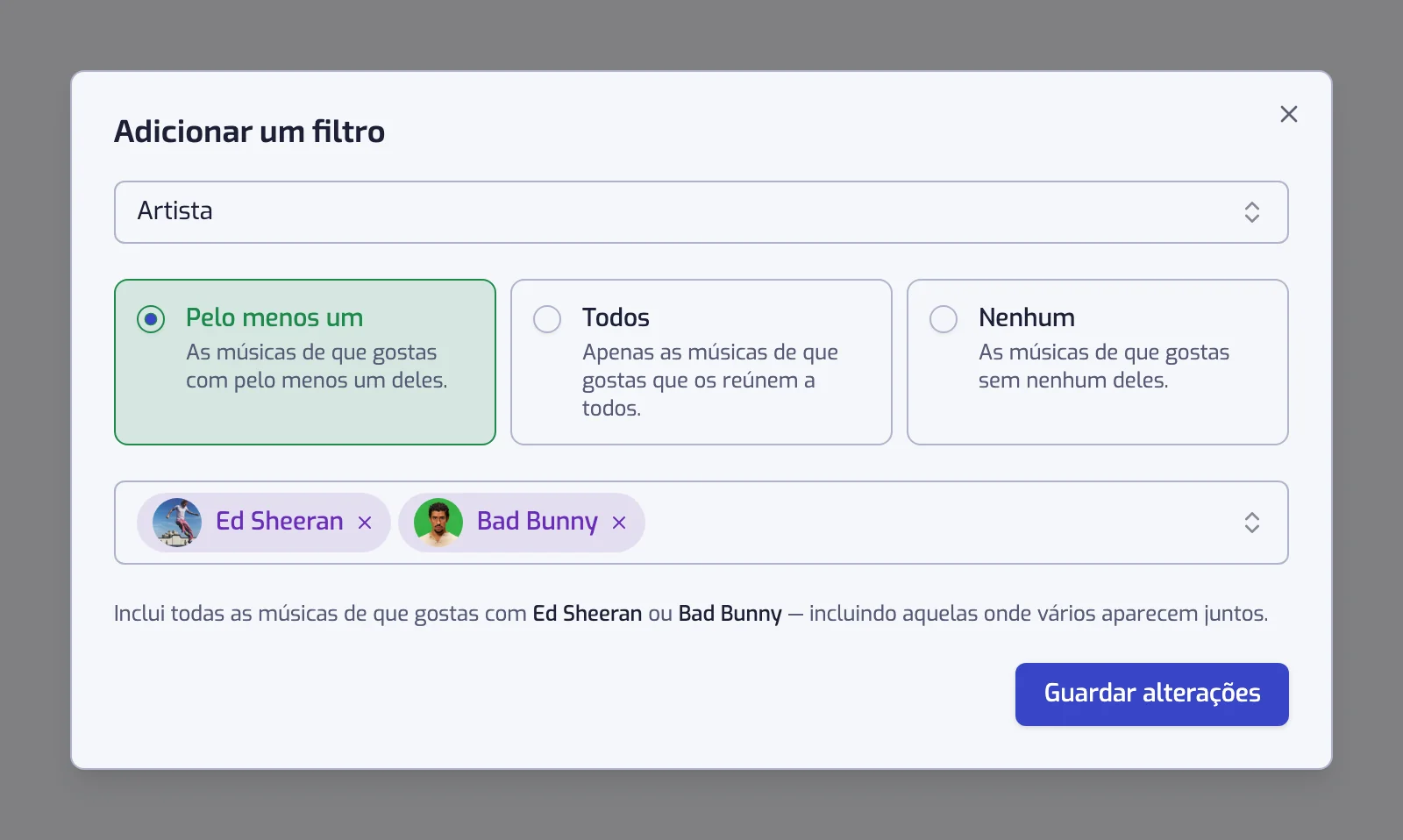 A janela do filtro Artista com os cartões Pelo menos um, Todos e Nenhum e dois artistas selecionados
