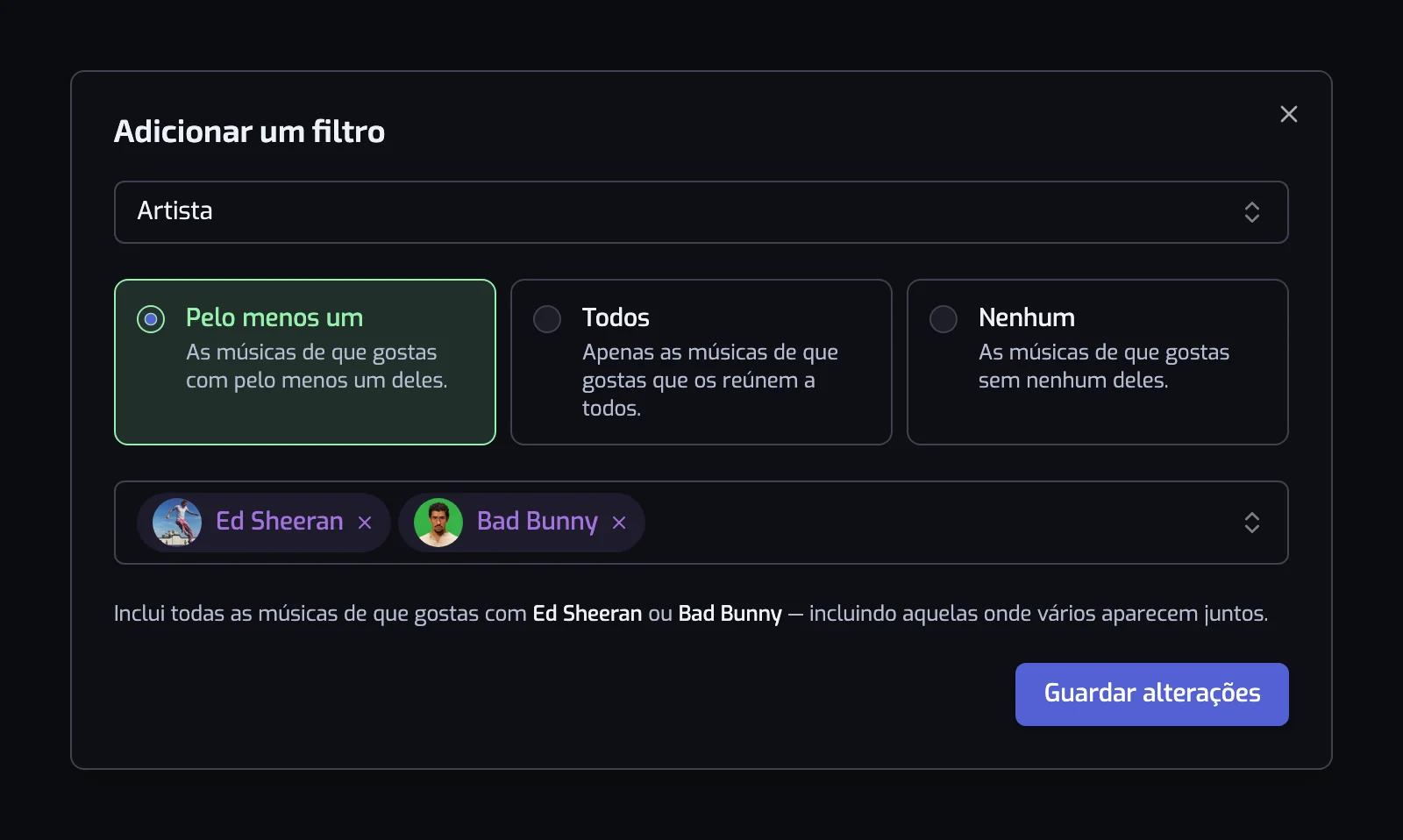 A janela do filtro Artista com os cartões Pelo menos um, Todos e Nenhum e dois artistas selecionados