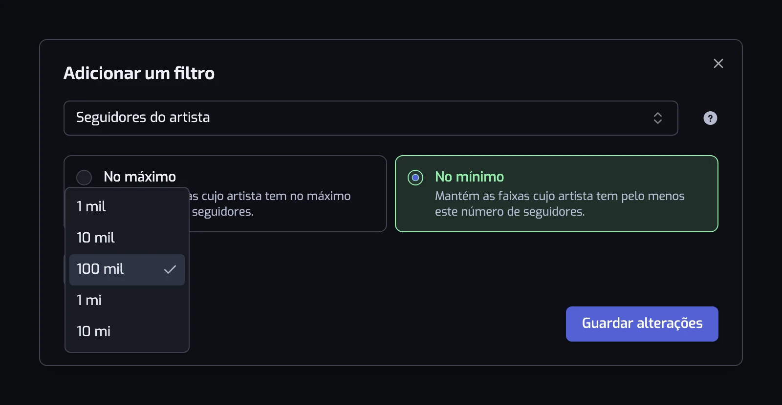A janela do filtro Seguidores do artista com os cartões No mínimo e No máximo e a lista de números de seguidores aberta